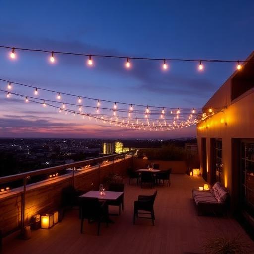Terrasse rooftop illuminée au crépuscule